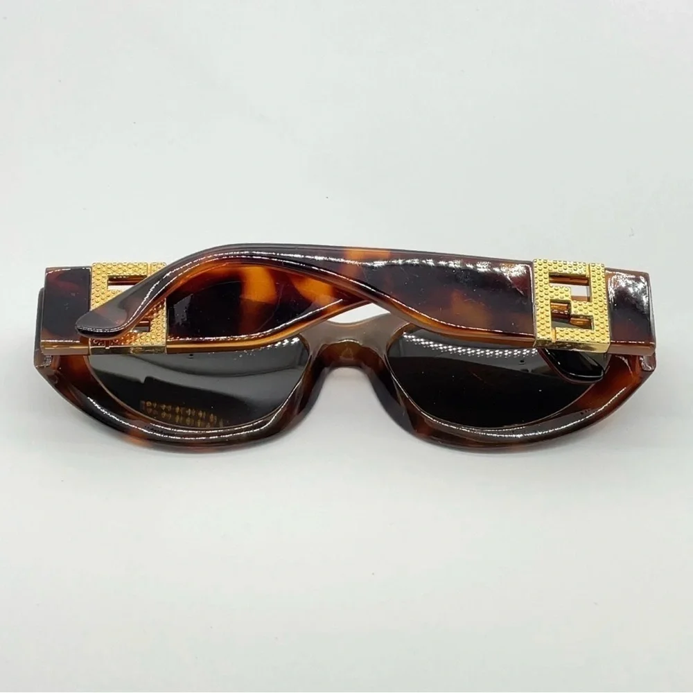 Auth Fendi Gold Logo Brown Print Sunglasses